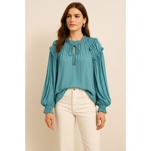 Sundance Pleated Peasant Blouse Ruffle Shoulder Silk Teal Blue Large Top